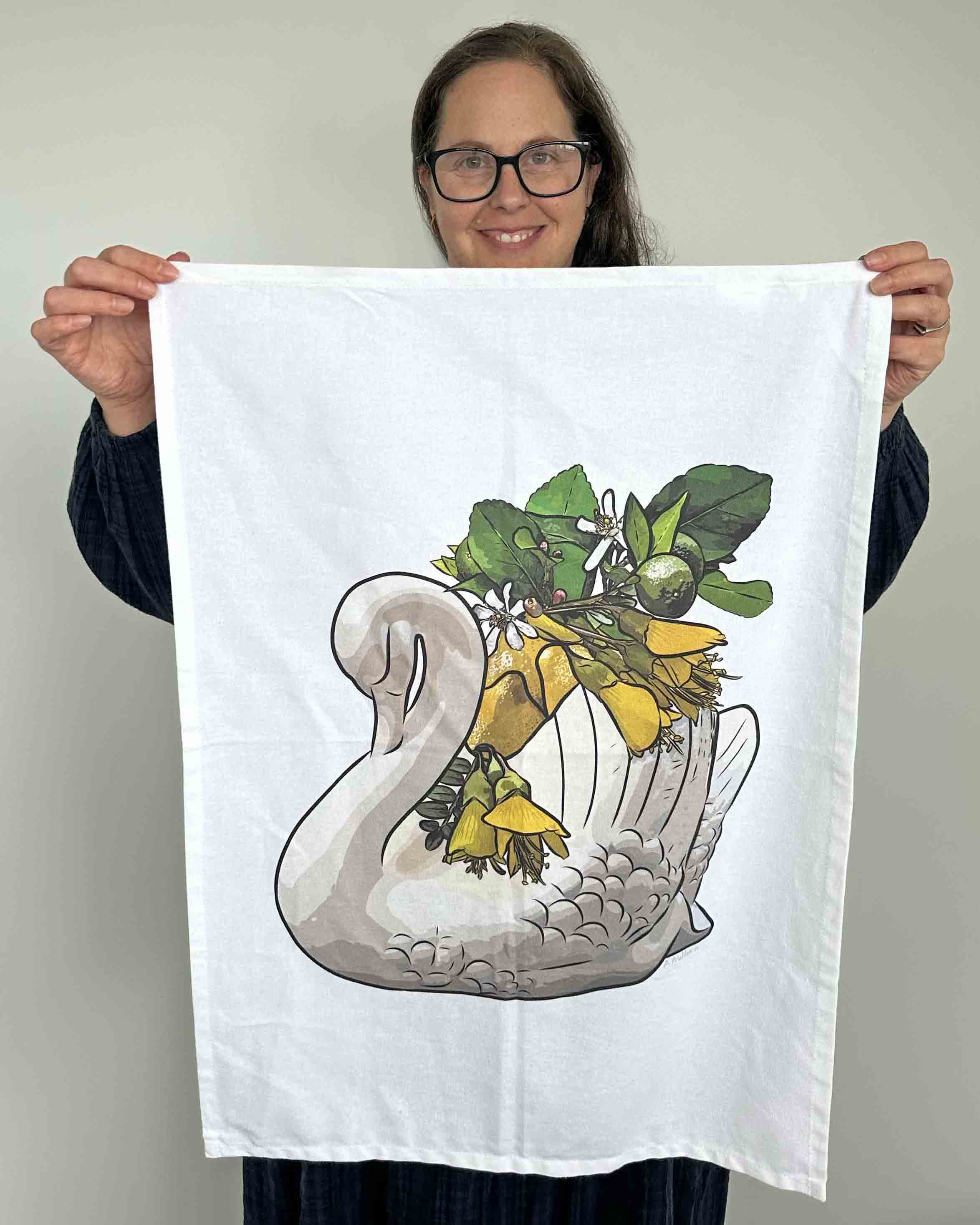 Anna Mollekin with her Lemon Honey Crown Lynn Swan tea towel