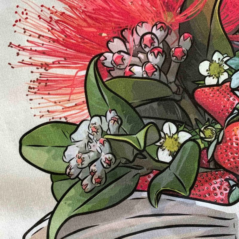 Close-up of the Strawberry Jam Crown Lynn Nautilus tea towel with pohutukawa and strawberries